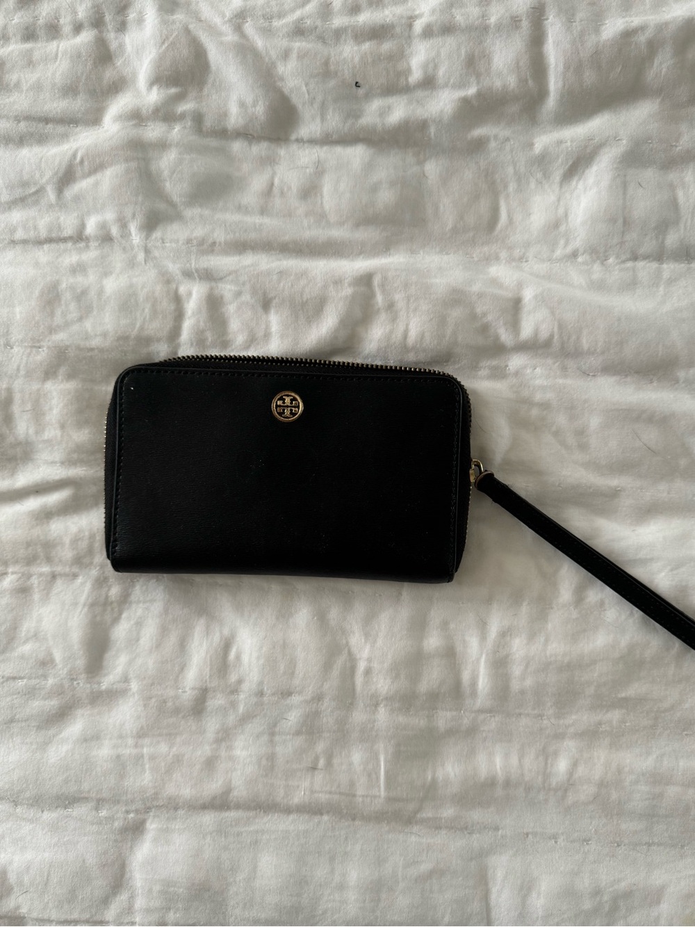 Tory Burch Black Leather Zip Wristlet with Gold Logo
